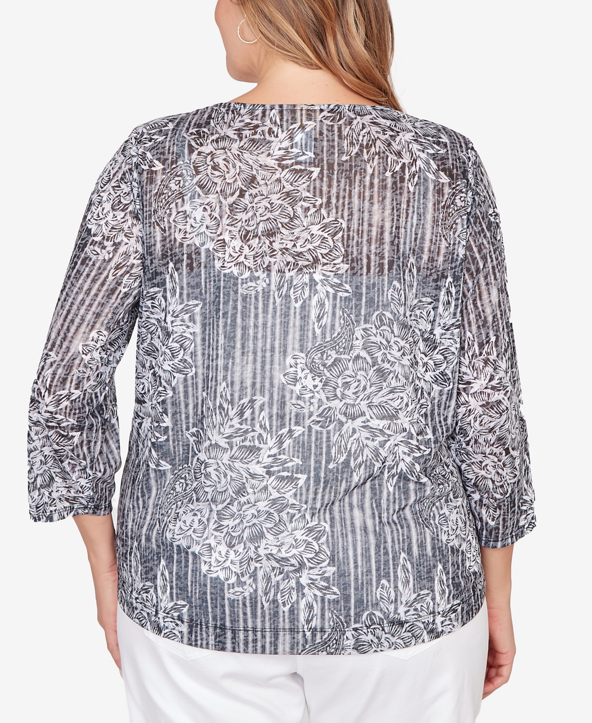 Ruby Rd. Plus Scoop Neck Embellished Layered Floral Slub Knit Top