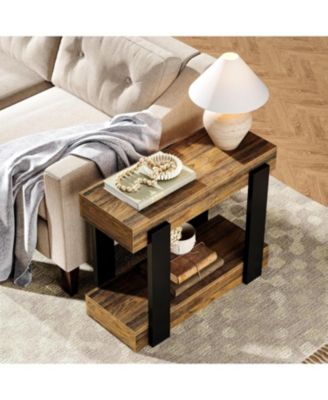 Narrow Wood End Table Set of 2, 2-Tier Farmhouse Side Table for Living Room