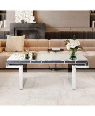 47 Inches Luxury Rectangular Mirror Coffee Table with Fluted Tempered Glass, Modern Sofa Side Table, Easy 2-Step Assembly