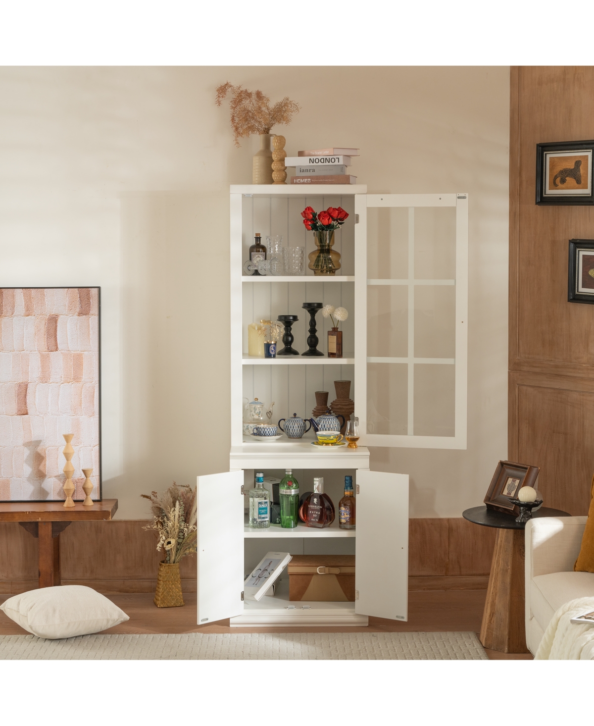 Lovmor Double Action Door Hutch Cabinet with Tempered Glass Retro Modern Design and Ample Storage
