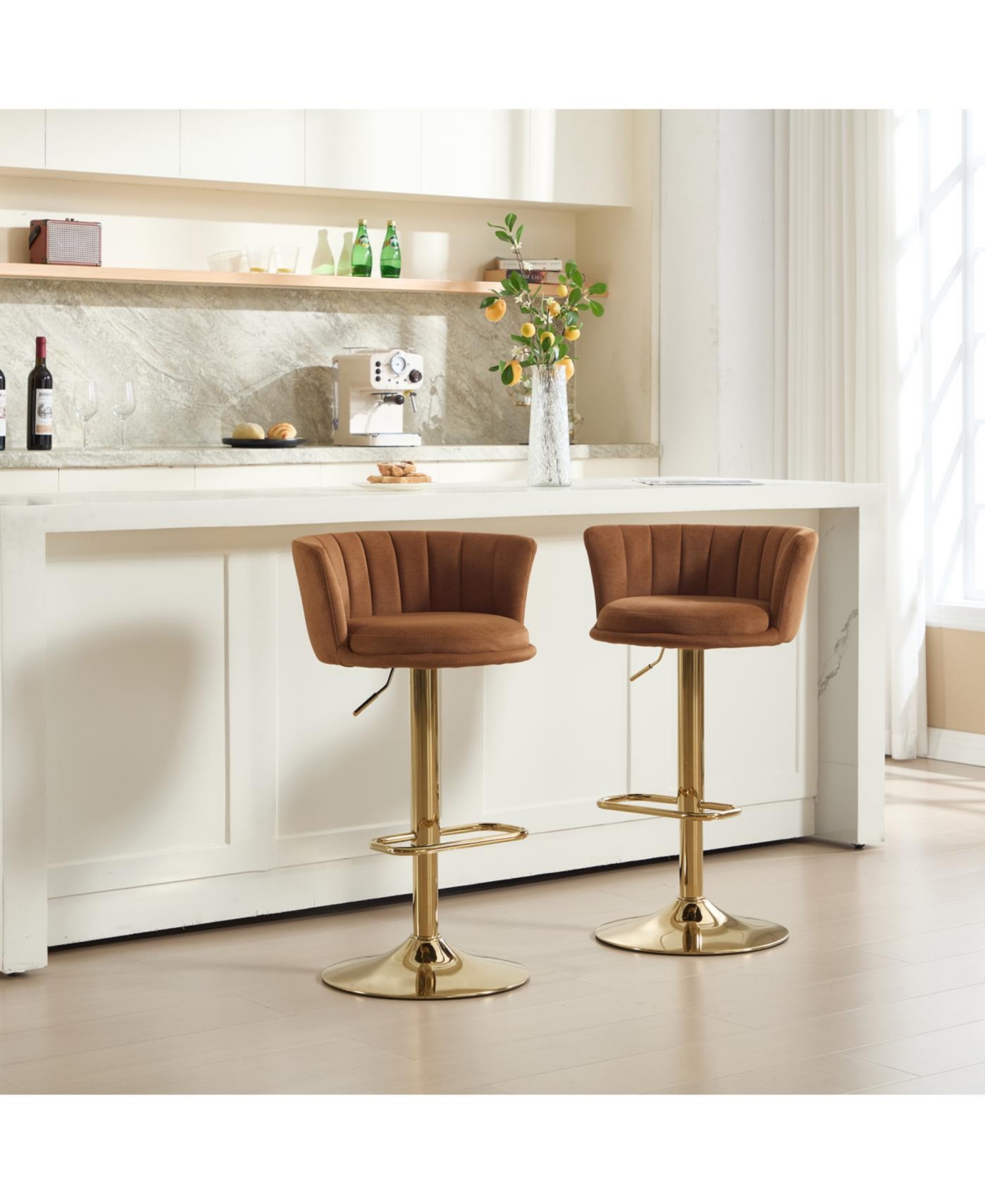 Streamdale Furniture Set of 2 Orange Velvet Swivel Bar Stools with Chrome Footrest