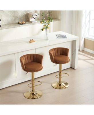 Set of 2 Orange Velvet Swivel Bar Stools with Chrome Footrest