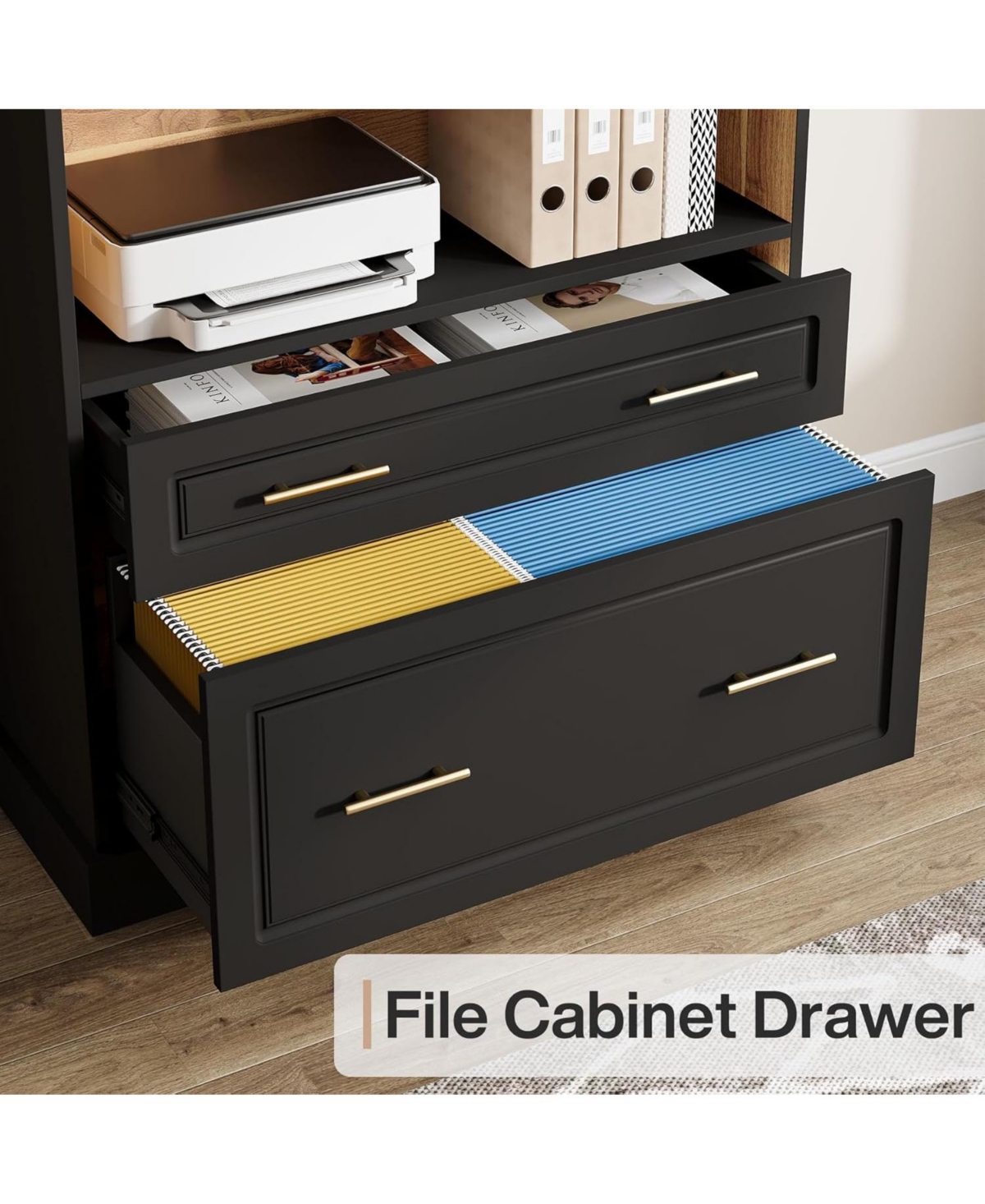 Tribesigns 2-Drawer Vertical File Cabinet, Modern Black Filing Cabinet with 5-Tier Bookshelf, Large Printer Stand