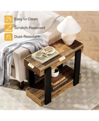 Narrow Wood End Table, 2-Tier Farmhouse Side Table for Living Room