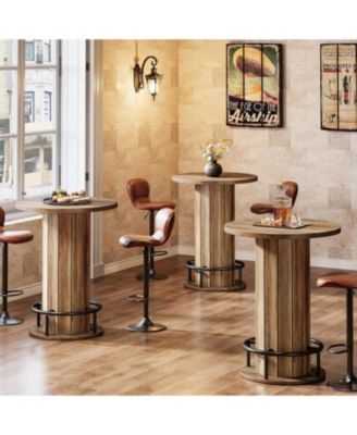 Round Bar Table, 39.4" H Wood Bistro Pub Table with Metal Ring Footrest (Only Table)