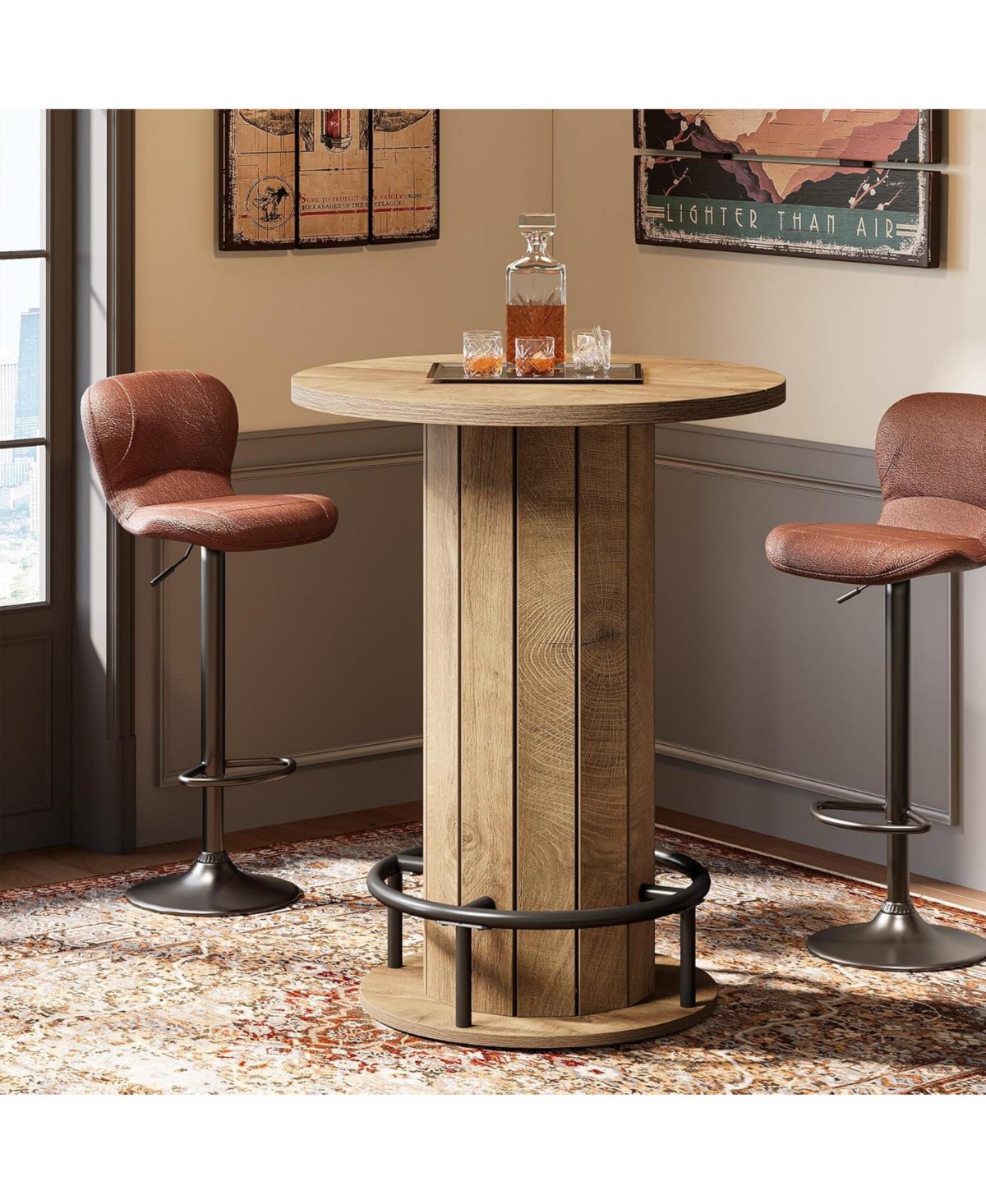 Tribesigns Round Bar Table, 39.4" H Wood Bistro Pub Table with Metal Ring Footrest (Only Table)