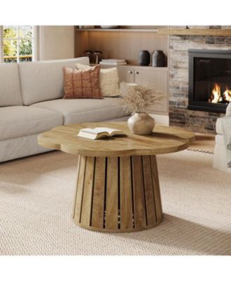 33.5" Round Coffee Table, Farmhouse Circle Center Table with Floral Tabletop & Wood Base