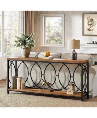 70.9-Inch Extra Long Console Table, 2-Tier Industrial Table Behind Couch with Storage Shelf, Narrow Entryway