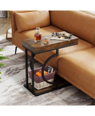Narrow Side Table, Brown Black C Shaped End Table, Small Sofa Tables with Metal Frame for Living Room
