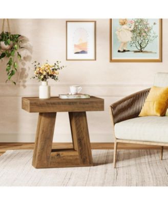 24" Modern Side Table, 2-Tier Narrow Wooden End Table with Trapezoid Base (1, Brown)