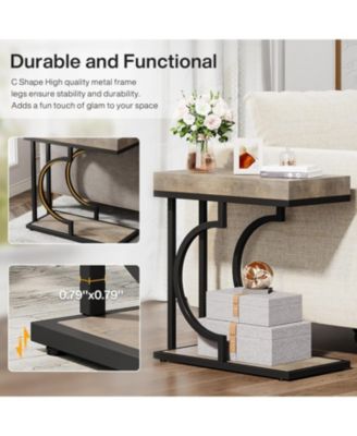 Narrow Side Table, C Shaped End Table, Modern Bedside Tables for Couch (1, Gray+Black)