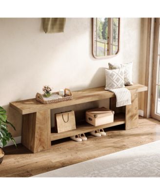 Modern Bedroom Bench with Storage Shelf, Solid Wood Entryway Bench