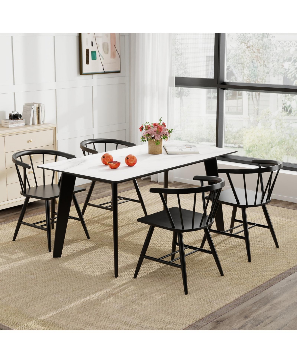 Gymax Windsor Dining Chair Set of 4 w/Rubber Wood Frame Curved Spindle Back & Armrest