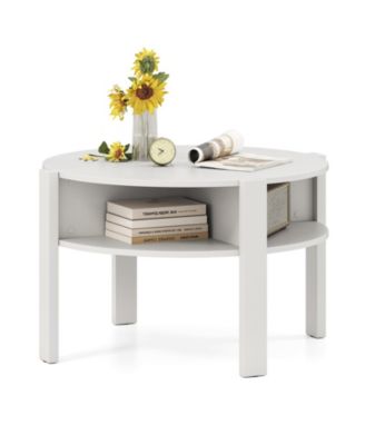 29.5'' 2-Tier Round Coffee Table w/ Storage 4 Shelves Faux Wooden Top