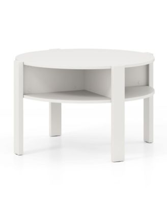 29.5'' 2-Tier Round Coffee Table w/ Storage 4 Shelves Faux Wooden Top