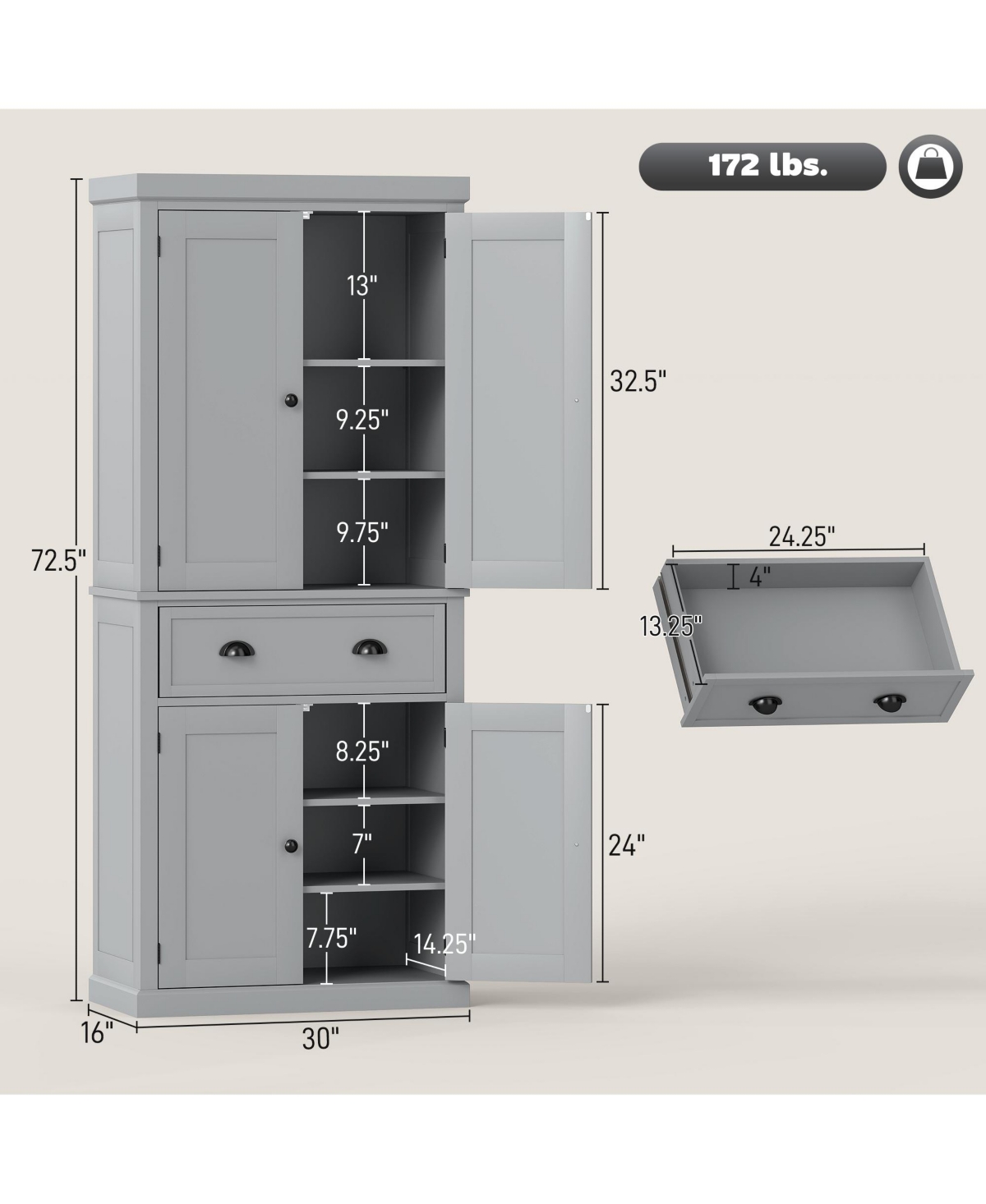 Homcom 72.5" Kitchen Pantry Cabinet with 4 Doors, Drawer
