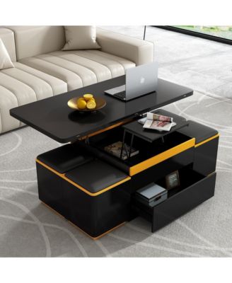 Lift-Top Coffee Table with 4 Storage Stools, Modern Space Saving Center Table with Foldable Top, Multi-Functional Adjustable Coffee  Table