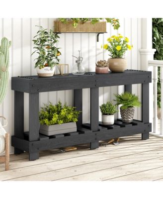 62.9" Vintage Entryway Table - Fir Solid Wood with Natural Grain, 6 Reinforced Legs & 4.5" Thick Desktop, Metal Rivet Decor & Plank Under-Shelf