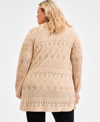 Plus Size Metallic Pointelle Knit Open-Front Cardigan