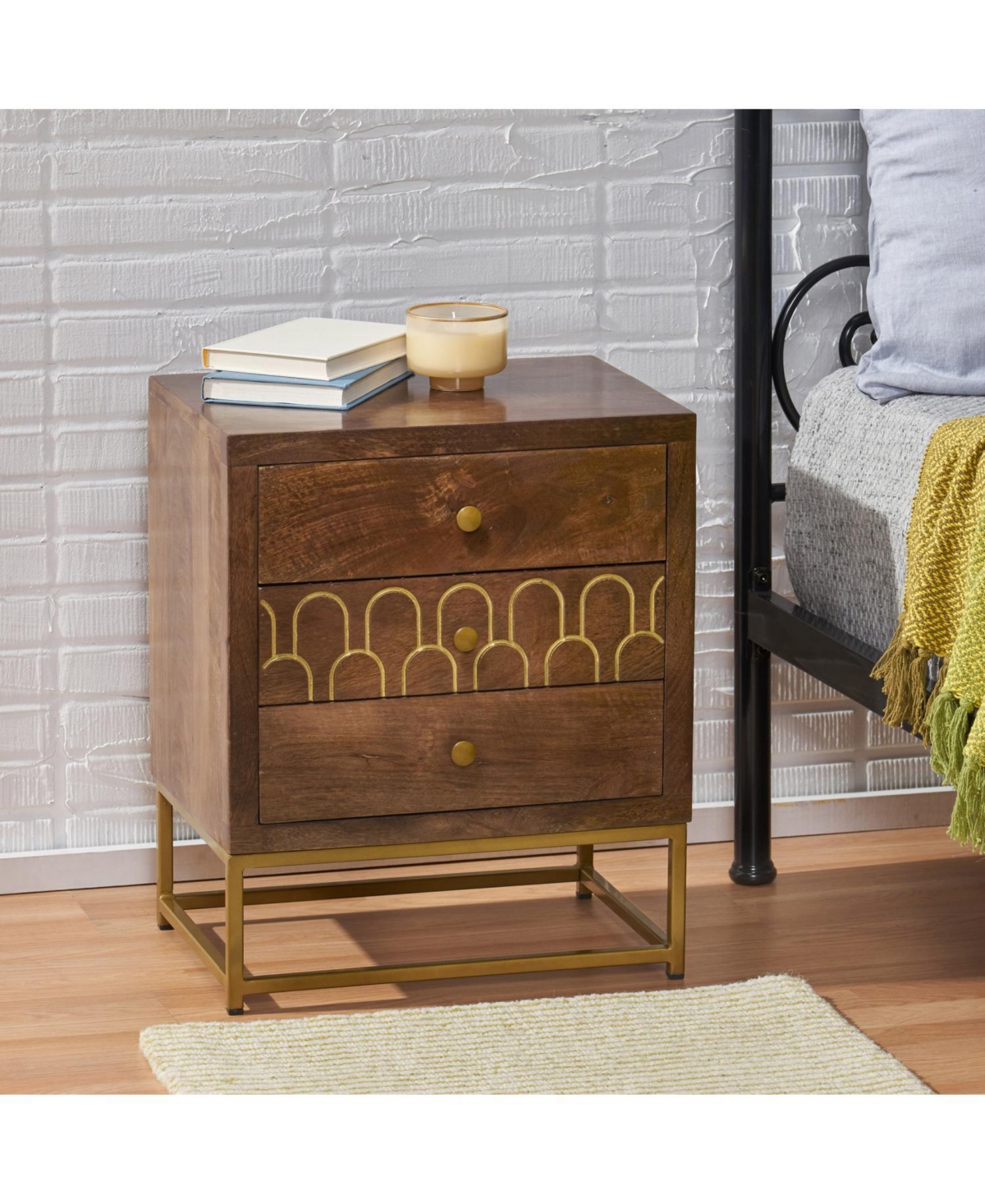 Streamdale Furniture Gold Fish Scale 3-Drawer Mango Wood Contemporary Side Table
