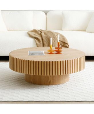 35.43" Round Wood Coffee Table for Living Room, Modern Handcraft Drum Table.