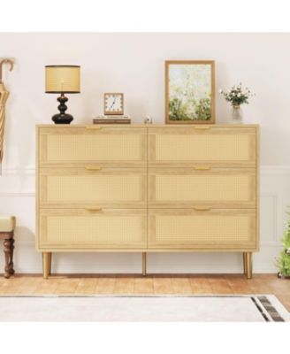 Rattan 6 Drawer Dresser, Wide Double Dresser with Gold Handles & Legs, Modern Chest with Large Storage for Bedroom or Living Room