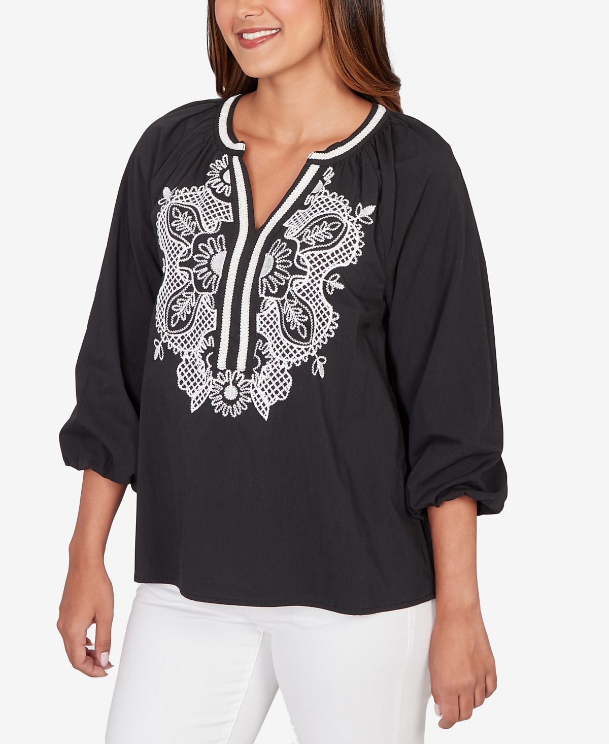 Ruby Rd. Petite Embroidered Soft Poplin Peasant Top