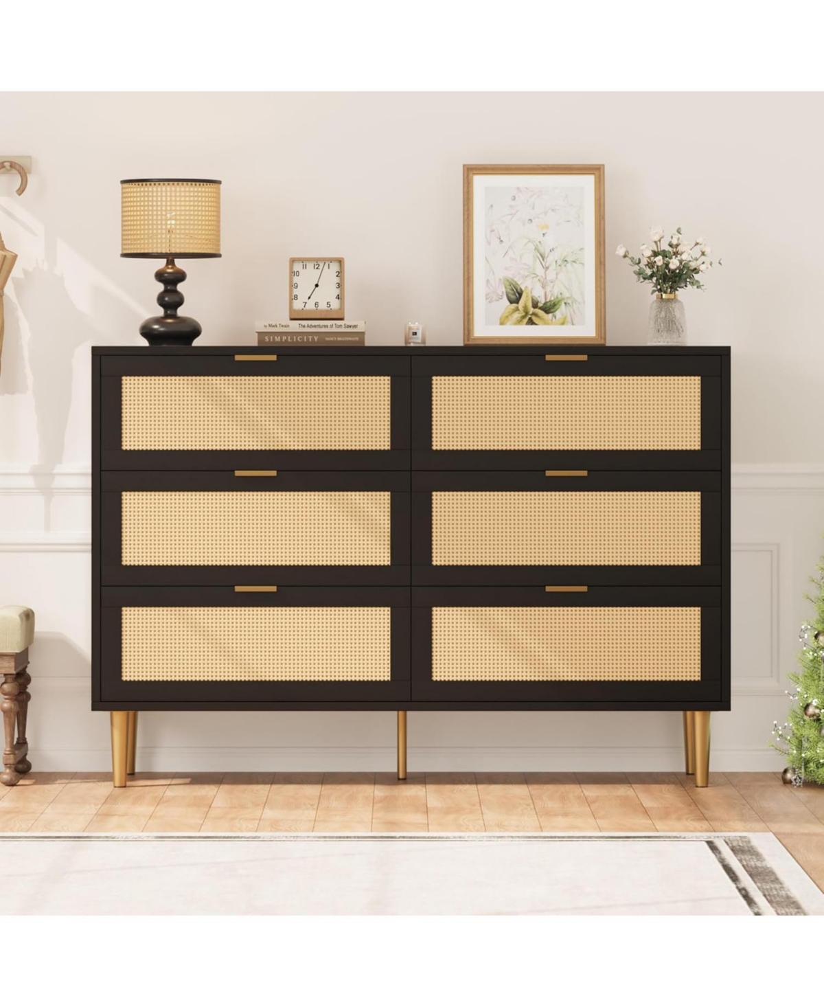 gaomon Rattan 6 Drawer Dresser, Wide Double Dresser with Gold Handles & Legs, Modern Chest Large Storage for Bedroom or Living Room