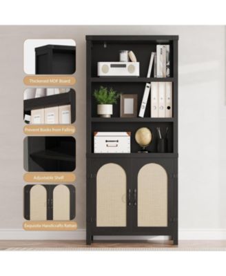 70" Tall Farmhouse Bookshelf with Rattan Doors, 3-Tier Open Bookcase with Adjustable Shelves, Floor Standing Storage Cabinet, 2pc