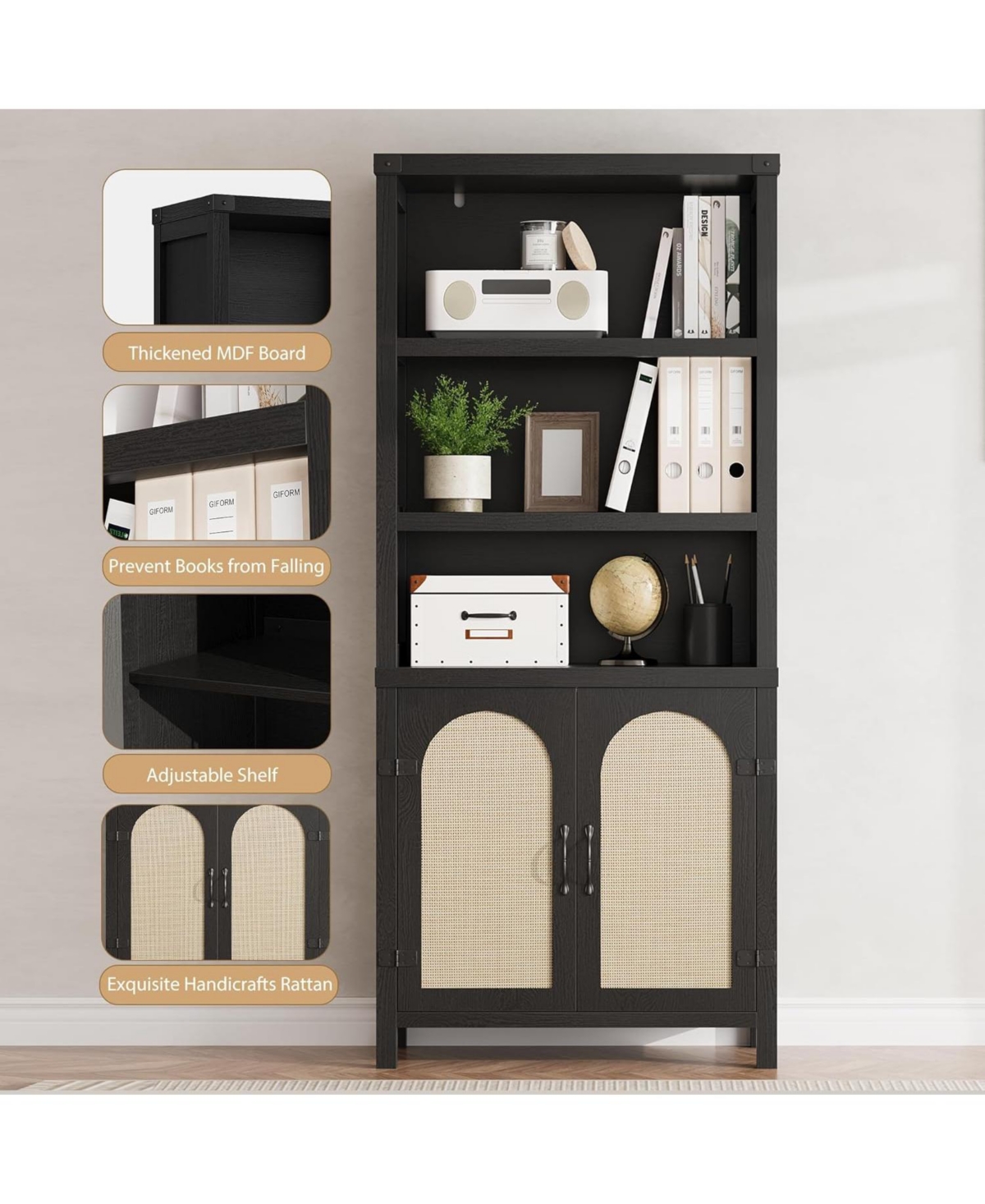 gaomon 70" Tall Farmhouse Bookshelf with Rattan Doors, 3-Tier Open Bookcase with Adjustable Shelves, Floor Standing Storage Cabinet, 2pc