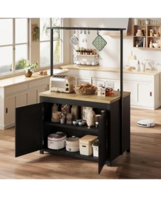 42" Kitchen Island with Storage, Heavy Duty Mobile Cart, Solid Wood Countertop, 2-Tier Shelves & 5 Hooks, for Small Spaces