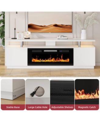 80" TV Stand with 36" Electric Fireplace, 12 Flame Colors, Glass Shelves, Storage Cabinets, White Finish