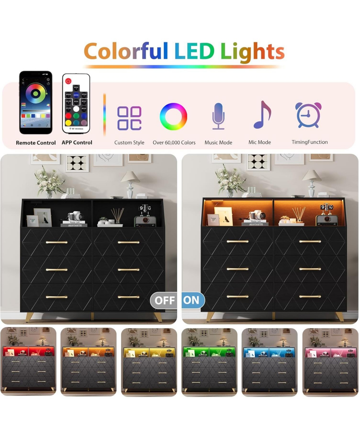 gaomon 47" Pink Dresser with 6 Drawers, Lighted Modern Chest Cabinet Storage Shelf and 5 Metal Legs for Bedroom or Living Room