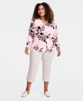 Plus Size Zip-Pocket V-Neck Long-Sleeve Top