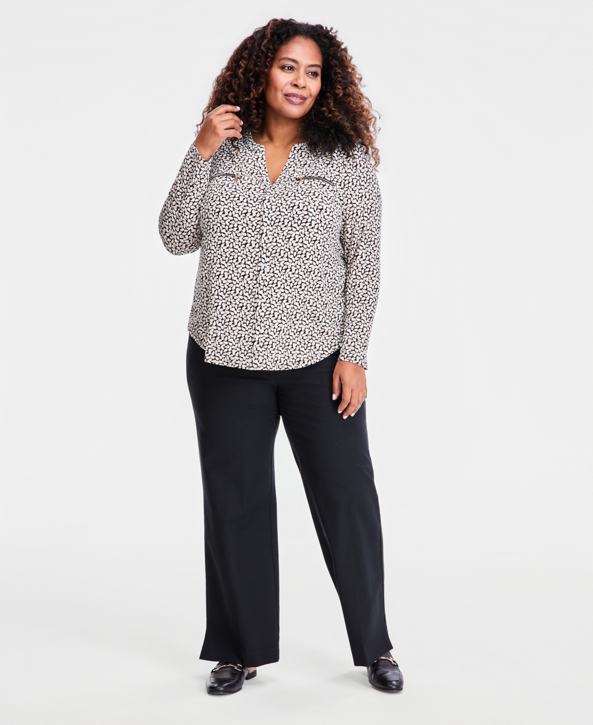 Jm Collection Plus Size Zip-Pocket V-Neck Long-Sleeve Top, Macy's Exclusive