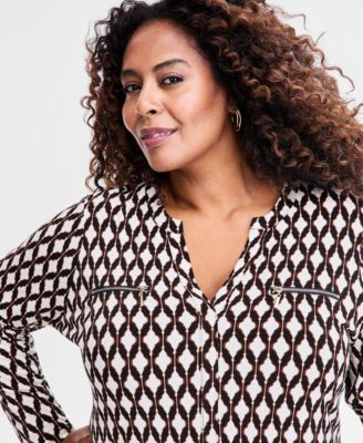 Plus Size Zip-Pocket V-Neck Long-Sleeve Top