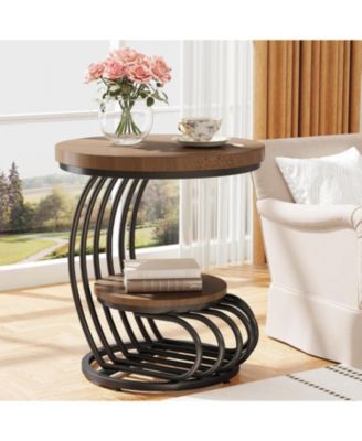 Round End Side Table: Side Table with 2 Tiers Storage Shelves, Vintage End Table