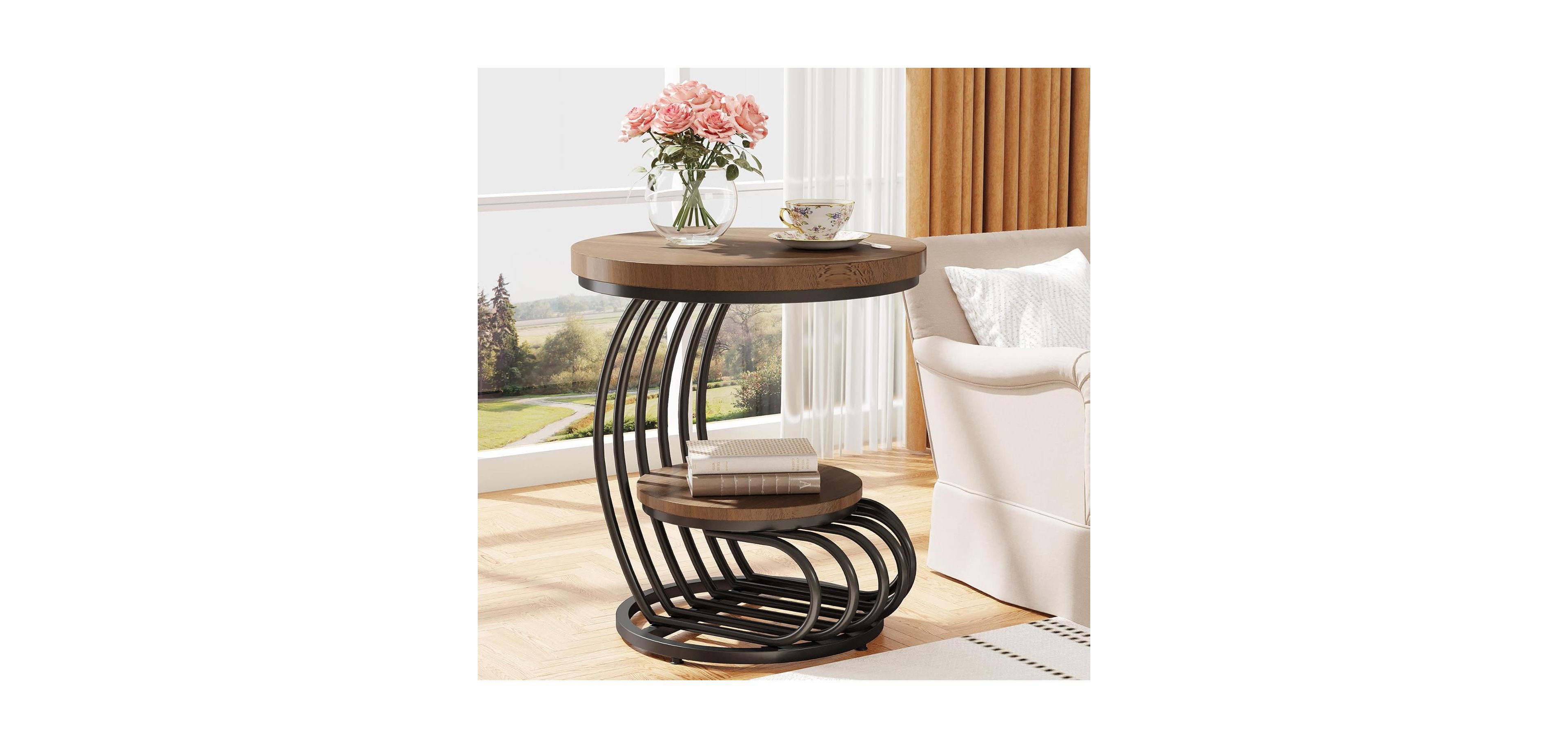 Tribesigns Round End Side Table: Side Table with 2 Tiers Storage Shelves, Vintage End Table