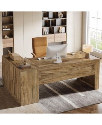 70.8" Executive Desk with File Cabinet, L-Shaped Office Desk with Storage Shelves