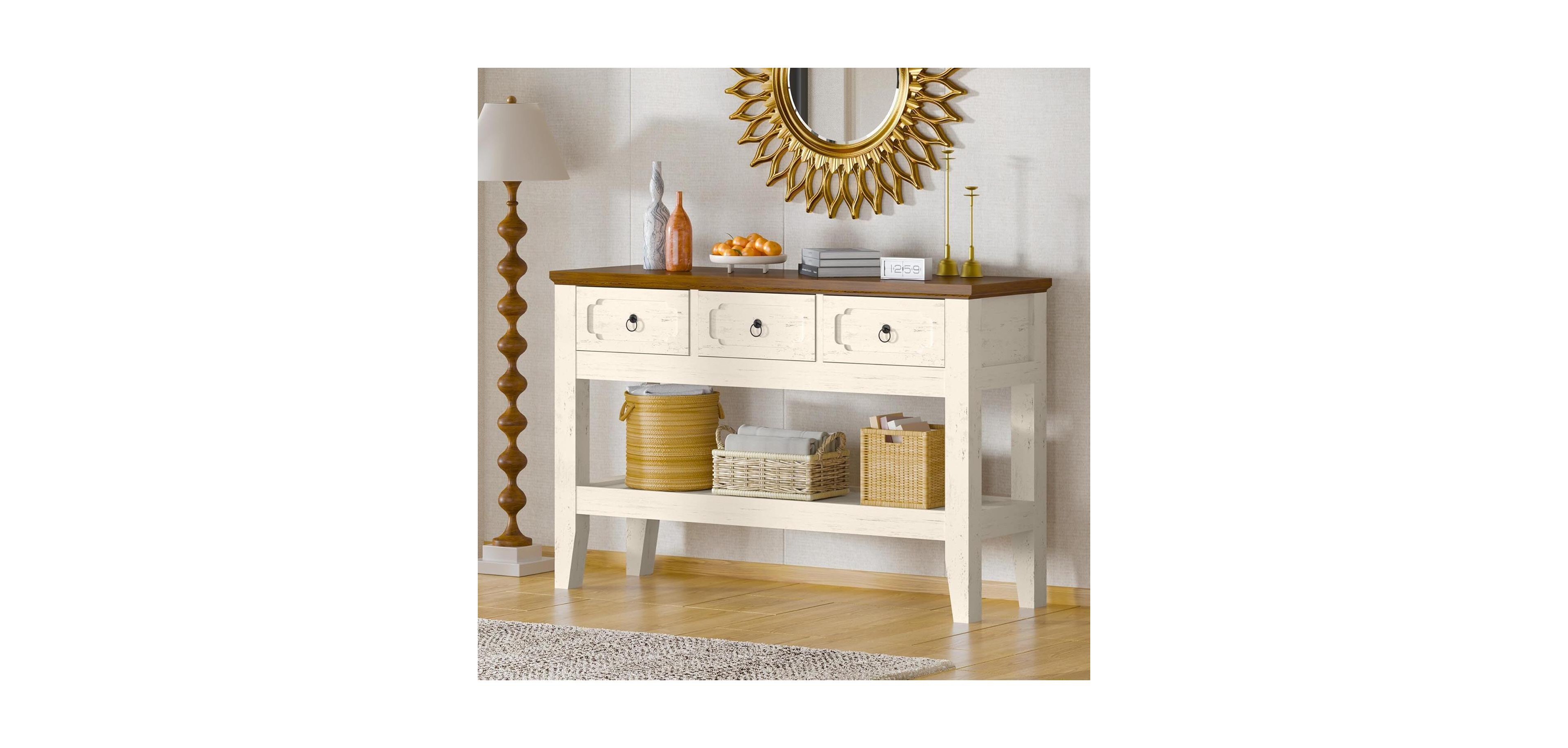 gaomon 47" Farmhouse Console Table for Entryway, Narrow Rustic Entryway Table with 3 Drawer and Large Storage Shelf, Easy Assembly Furniture