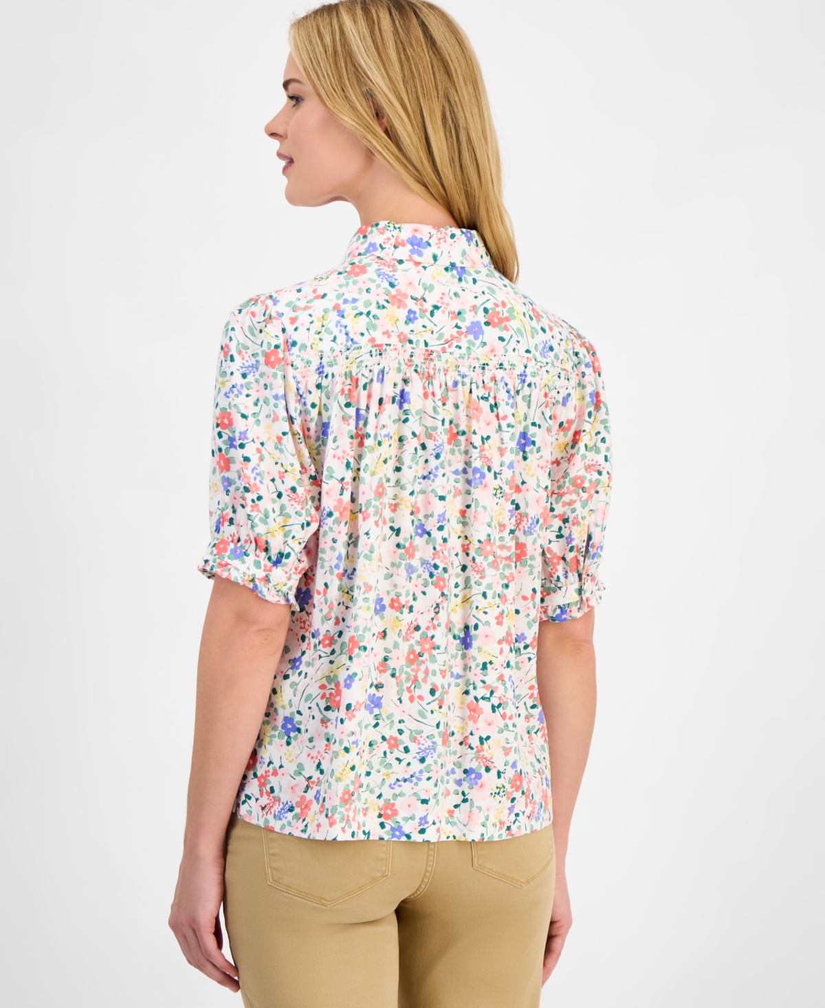 Nautica Jeans Women's Belagio Floral Short-Sleeve Smocked Blouse