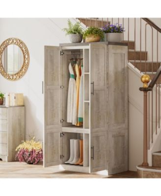 Rustic White Large Wardrobe Closet with Hanging Rod and 2 Doors