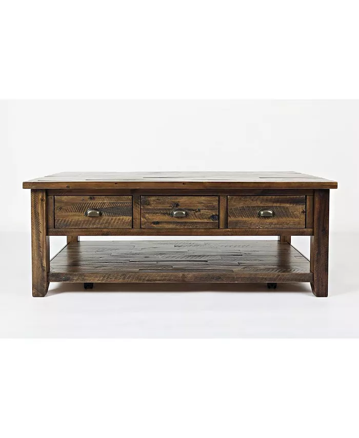Distressed solid acacia wood coffee table with drawers and shelf for a cowgirl coastal living room