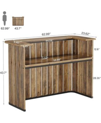 63-Inch Home Bar Unit, Farmhouse Liquor Bar Table with Storage Shelves, 2-Tier Wine Bar Cabinet Mini Bar Table, Rustic Brown