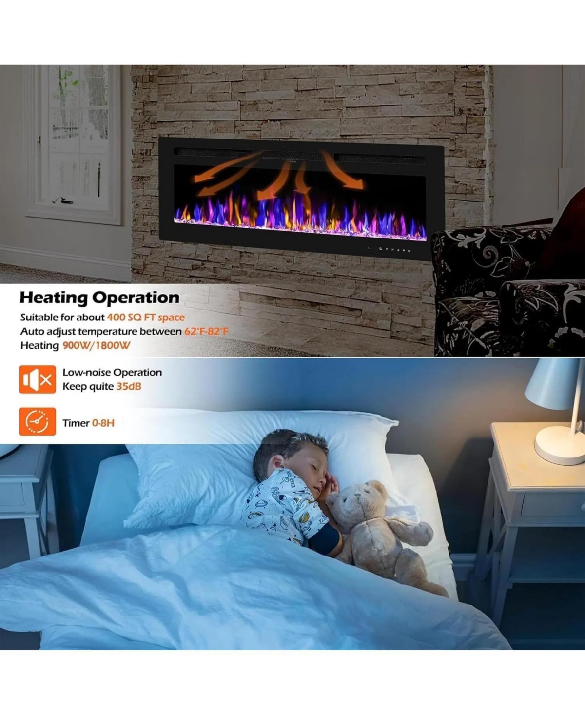 Gaomon 60" 3D Electric Fireplace, Wall Mounted/Recessed, 12 Flame Colors, 900/1800W Heater, Remote Control