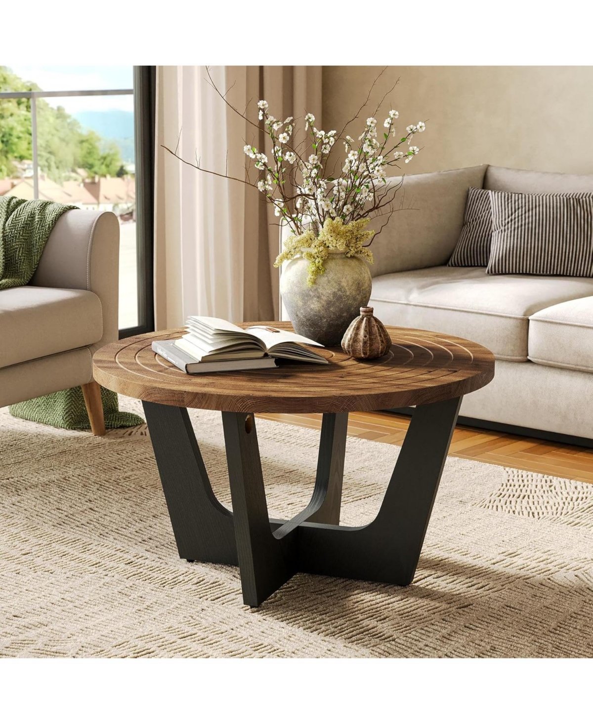 Tribesigns Round Solid Wood Coffee Table, Farmhouse 31.5" Small Center Tea Table with Ring Groove