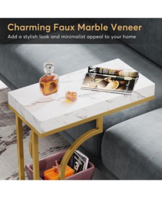 Narrow Side Table White Gold C Shaped End Table Modern Bedside Tables Small Chairside Table for Couch