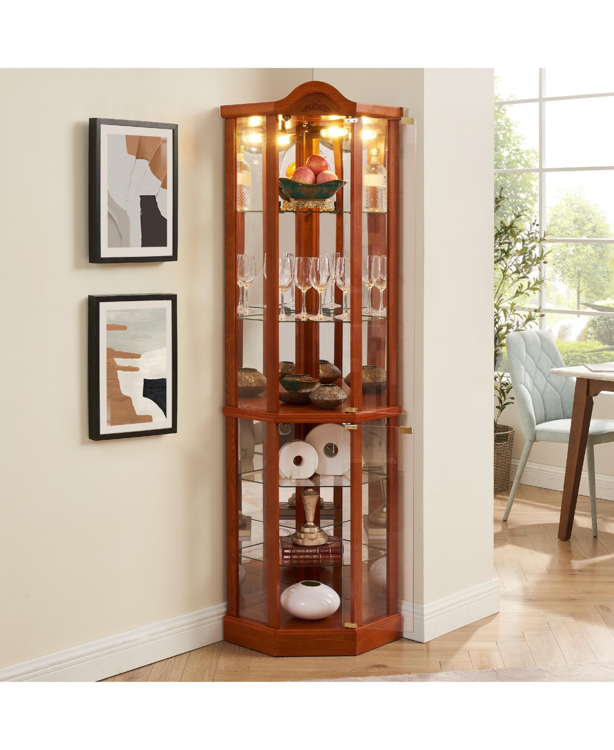 Lovmor Corner Glass Curio Cabinet Led Light Adjustable Shelves Push Open Display
