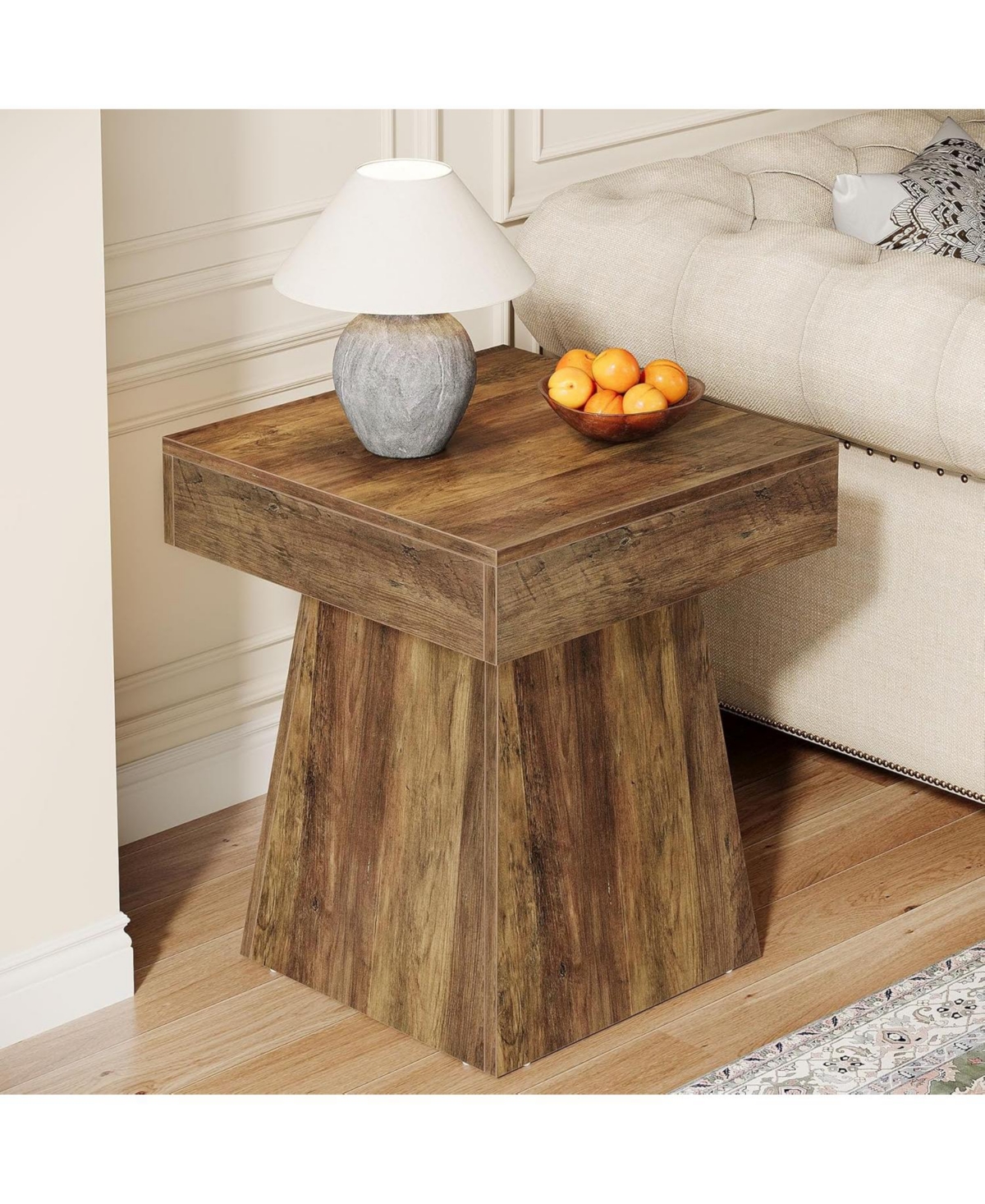 Tribesigns Small End Table, Rustic Square Side Table with Wide Base, Farmhouse Small Nightstand Beside Bed, Next to Armchair, for Living Room, Brown