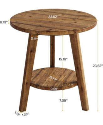 Solid Wood Round End Table, Sofa Side Table with Storage Shelf, Farmhouse Nightstand for Living Room, Bedroom